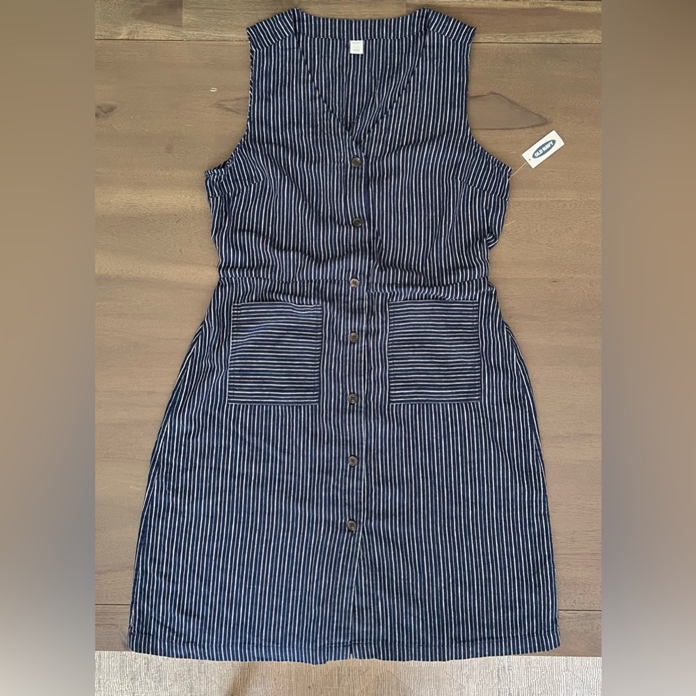 Old Navy Navy and White Striped Button-Front Sleeveless Dress